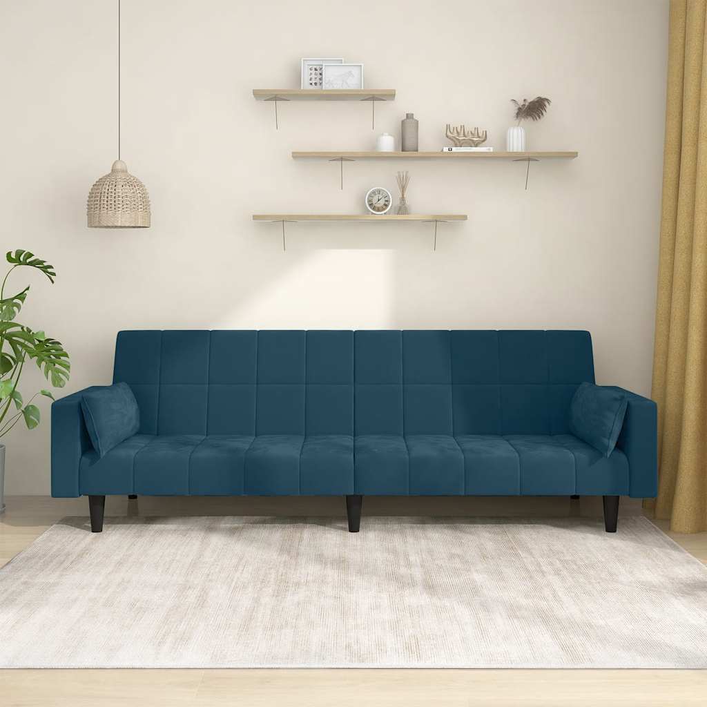 Divano Letto a 2 Posti con 2 Cuscini Blu in Velluto | homemem39