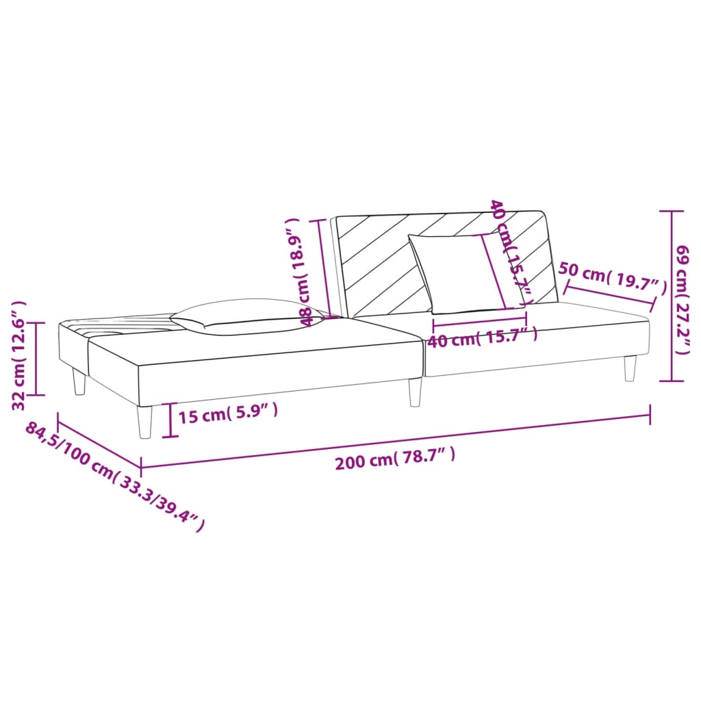 2-Sitzer-Schlafsofa mit 2 schwarzen Stoffkissen