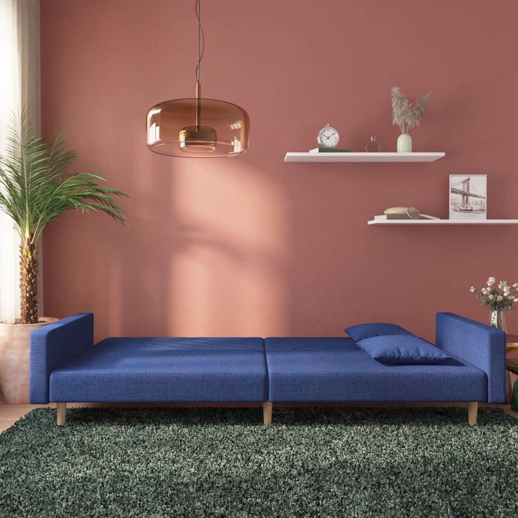 2-Sitzer-Schlafsofa mit 2 blauen Stoffkissen