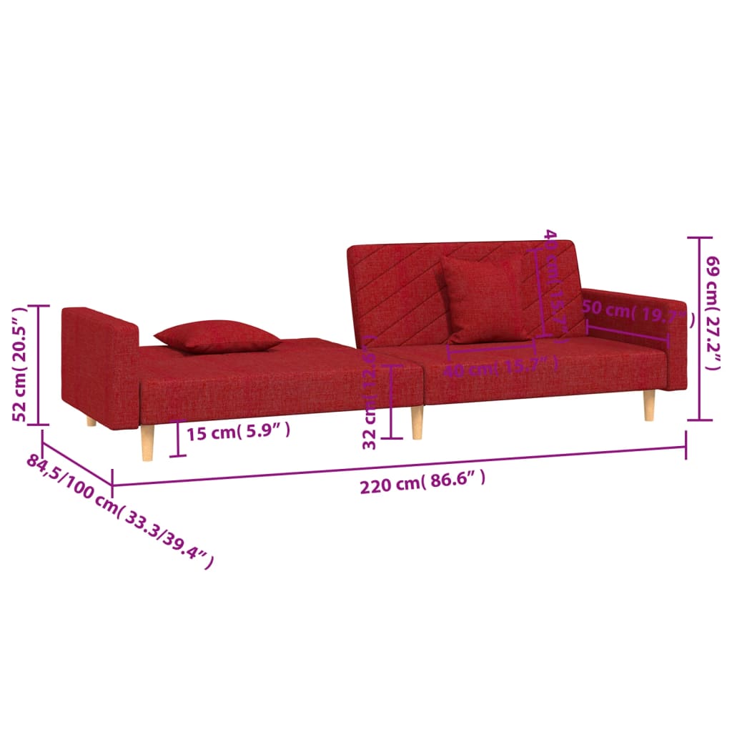 2-Sitzer-Schlafsofa mit 2 weinroten Stoffkissen