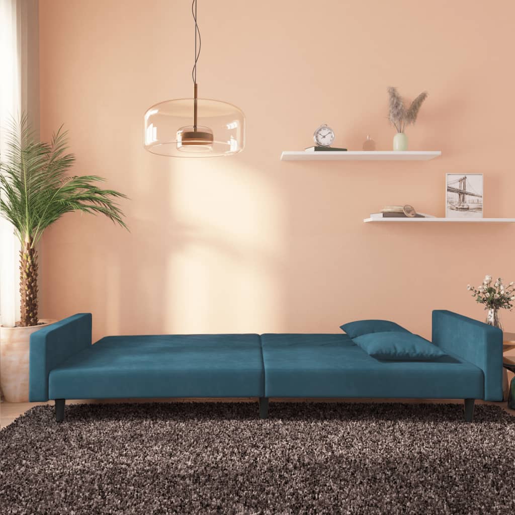 Divano Letto a 2 Posti con 2 Cuscini Blu in Velluto | homemem39
