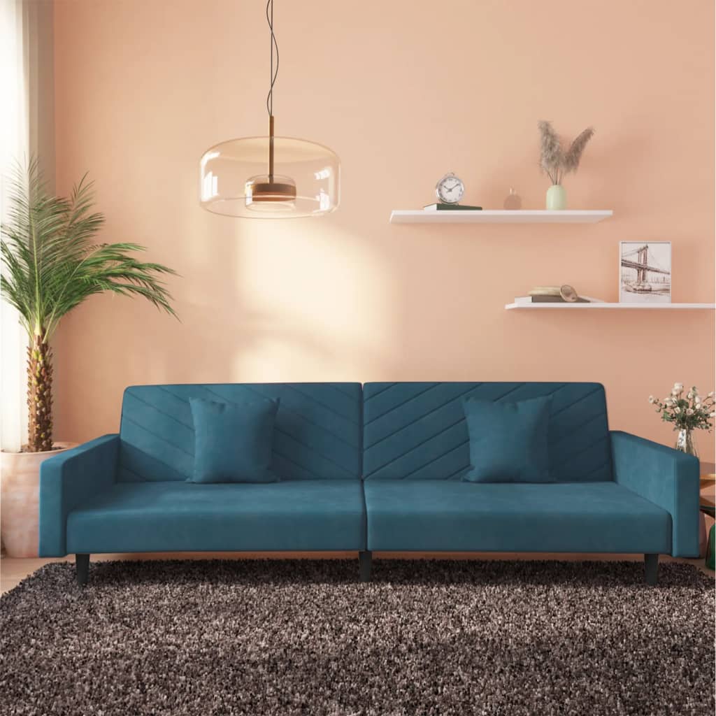 Divano Letto a 2 Posti con 2 Cuscini Blu in Velluto | homemem39