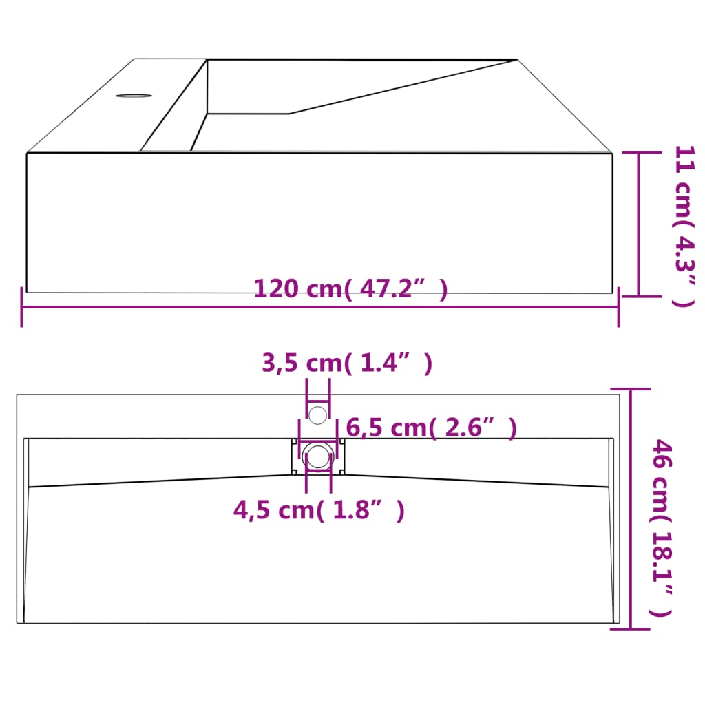 Lavandino 120x46x11 cm Blocco in Marmo/Minerale Antracite