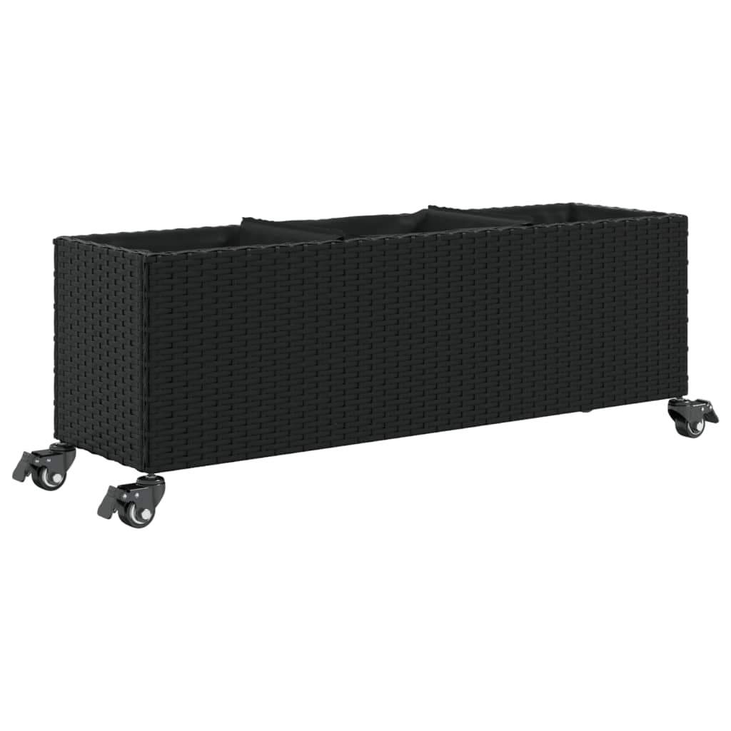 Fioriera con Ruote e 3 Vasi Nera 107x32x38 cm in Polyrattan