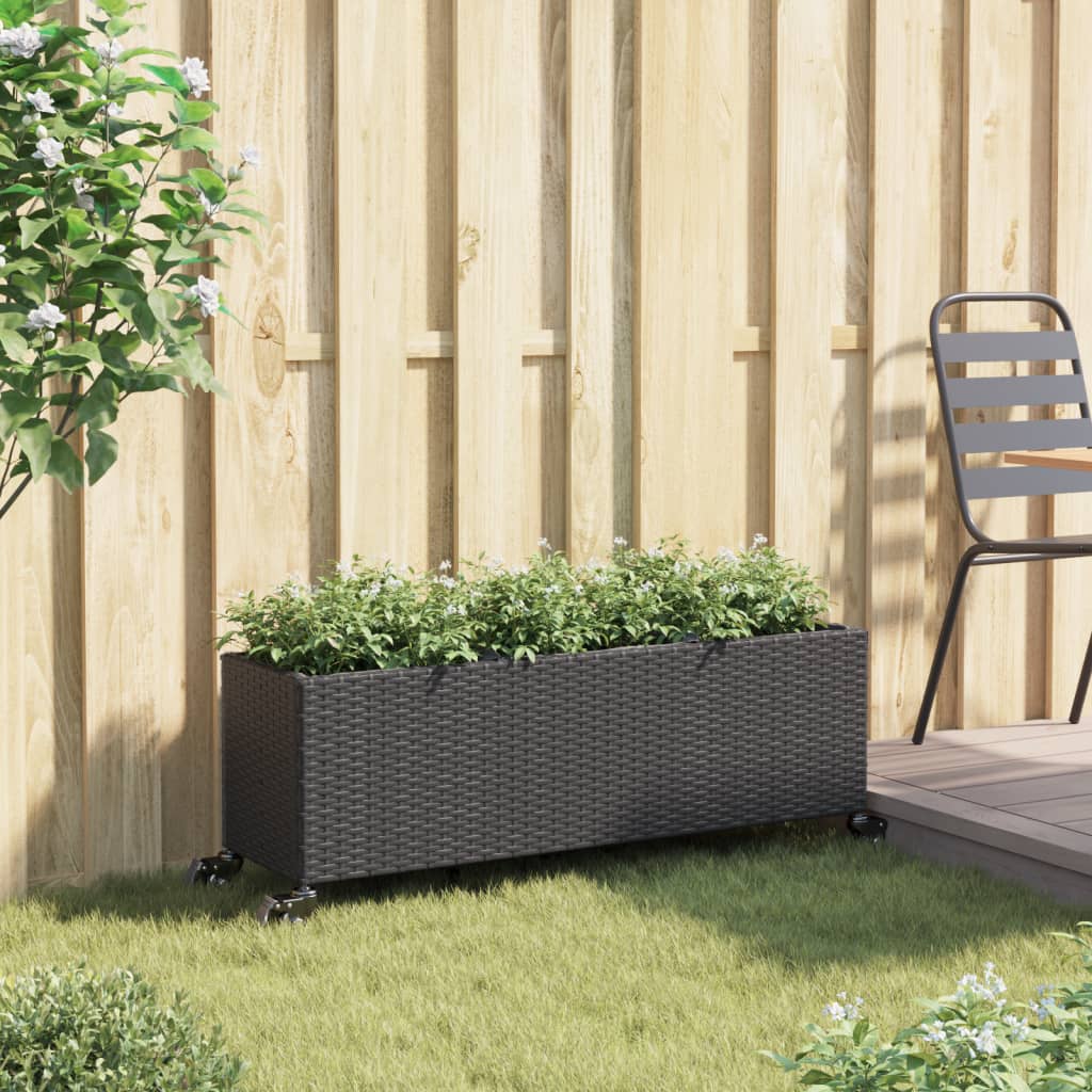 Fioriera con Ruote e 3 Vasi Nera 107x32x38 cm in Polyrattan