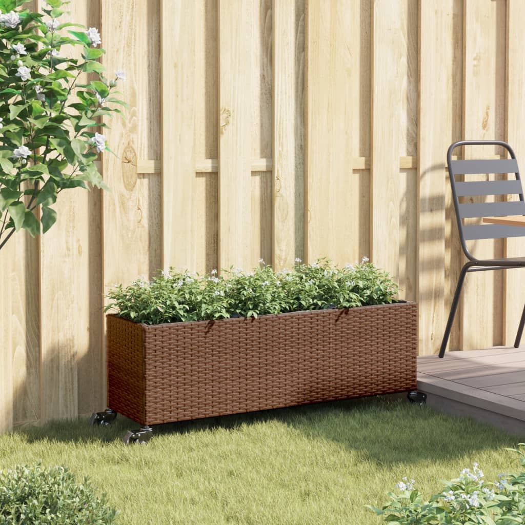 Fioriera con Ruote e 3 Vasi Marrone 107x32x38 cm in Polyrattan