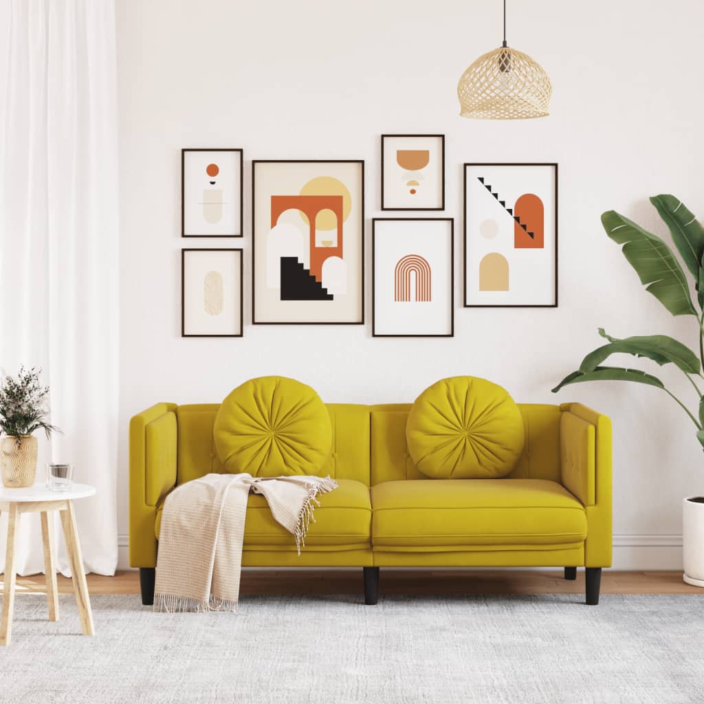 2 Seater Sofa with Yellow Velvet Cushions