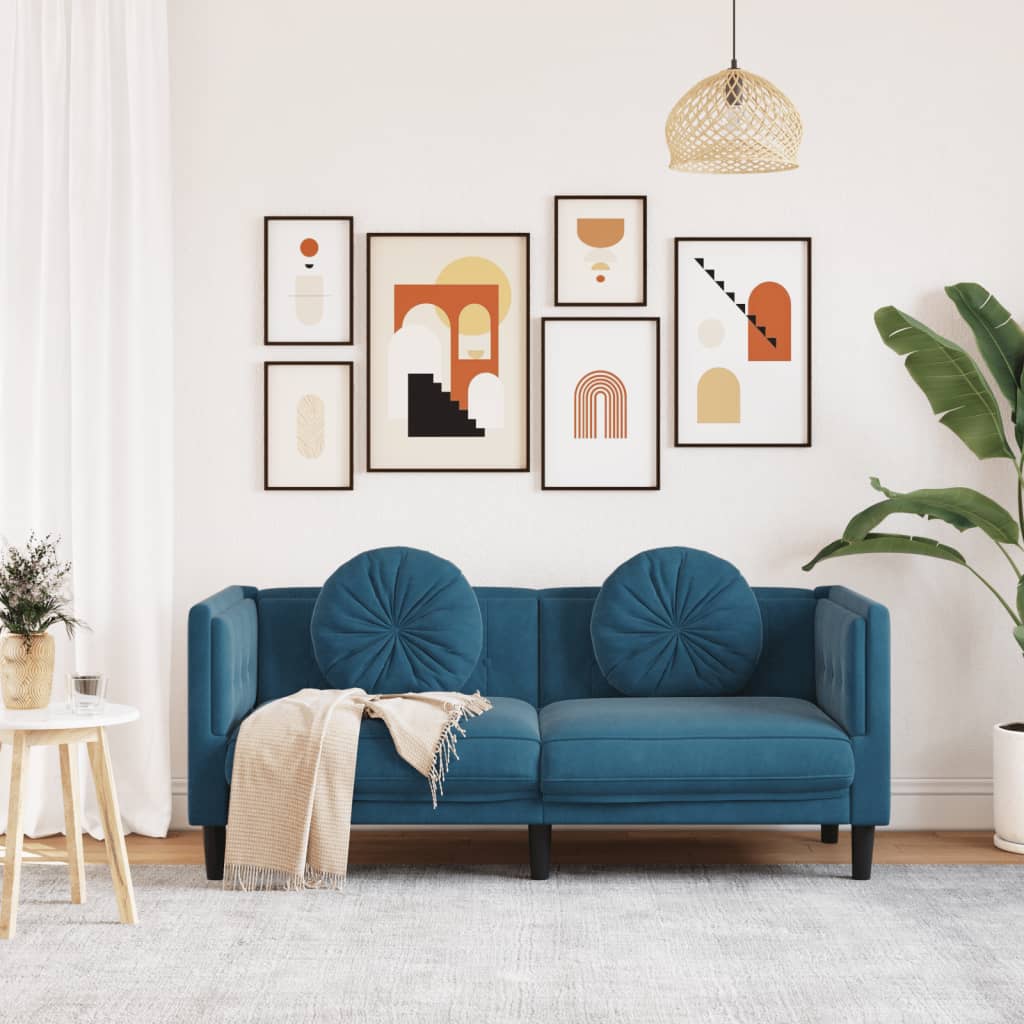 2-Sitzer-Sofa mit blauen Samtkissen