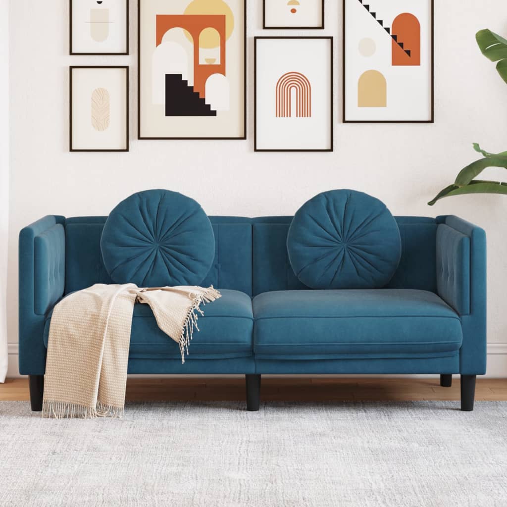 2-Sitzer-Sofa mit blauen Samtkissen