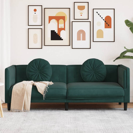 3 Seater Sofa with Dark Green Velvet Cushions