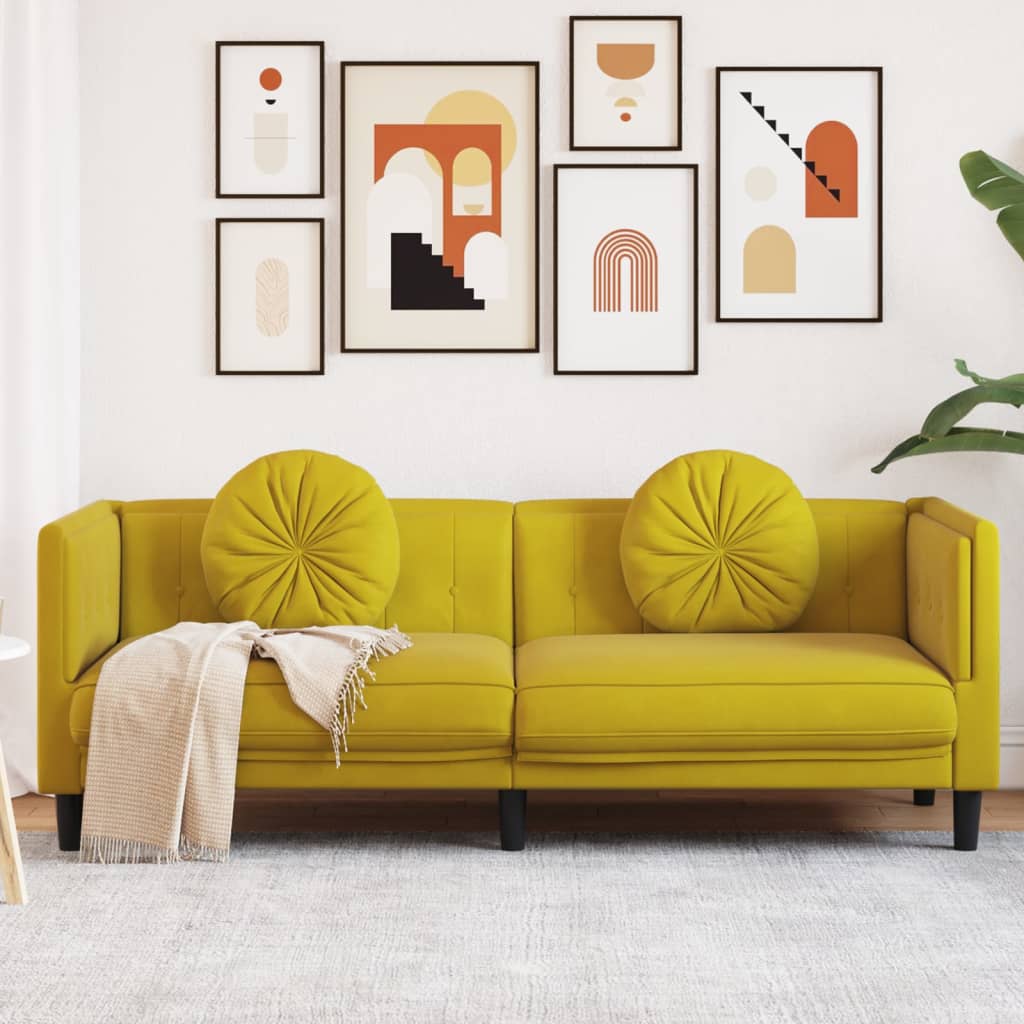 3 Seater Sofa with Yellow Velvet Cushions