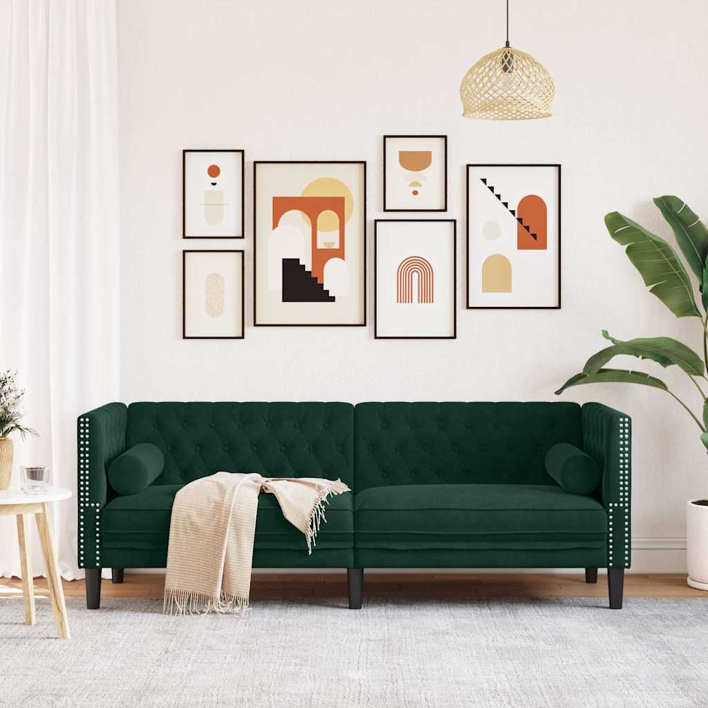 Divano Chesterfield con Rinforzi 3 Posti Verde Scuro in Velluto | homemem39
