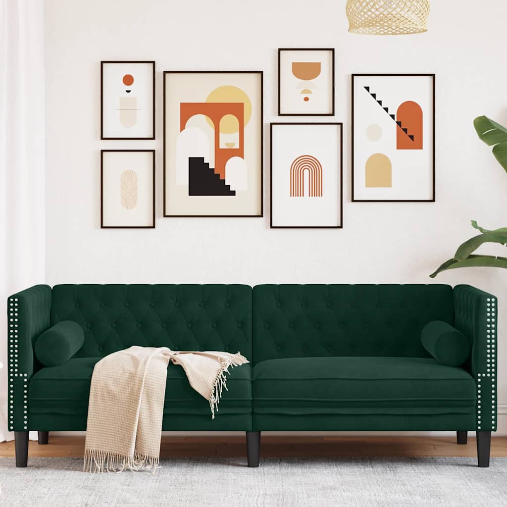 Divano Chesterfield con Rinforzi 3 Posti Verde Scuro in Velluto | homemem39