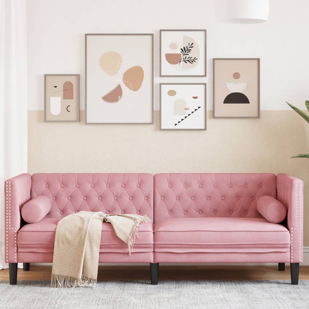 Divano Chesterfield con Rinforzi a 3 Posti Rosa in Velluto | homemem39