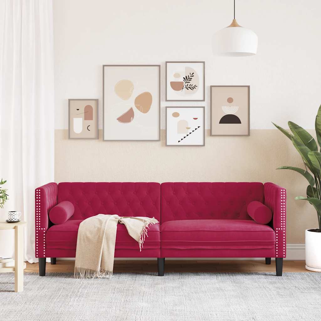 Divano Chesterfield con Rinforzi 3 Posti Rosso Vino in Velluto | homemem39