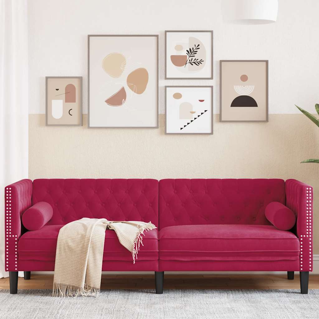 Divano Chesterfield con Rinforzi 3 Posti Rosso Vino in Velluto | homemem39