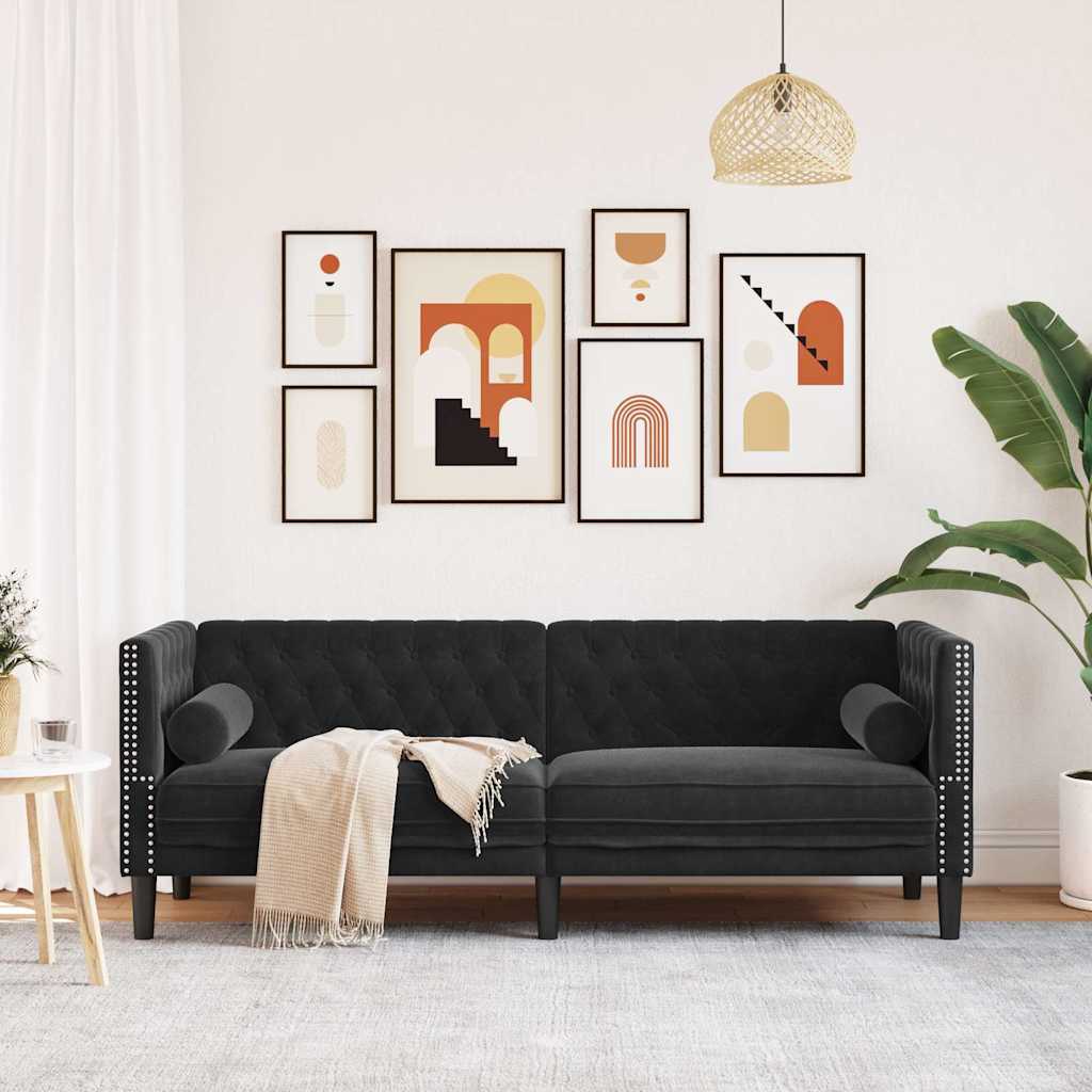 Divano Chesterfield con Rinforzi 3 Posti Nero in Velluto | homemem39