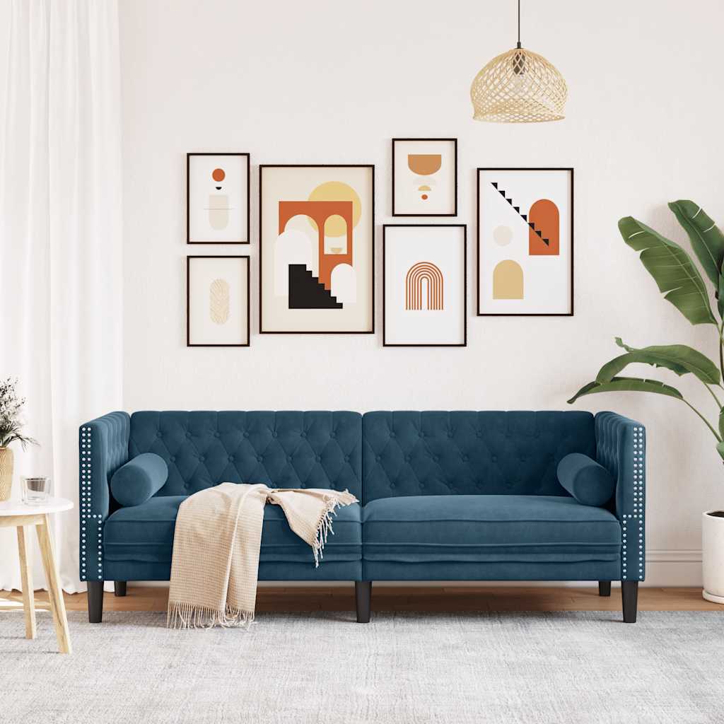 Divano Chesterfield con Rinforzi 3 Posti Blu in Velluto | homemem39