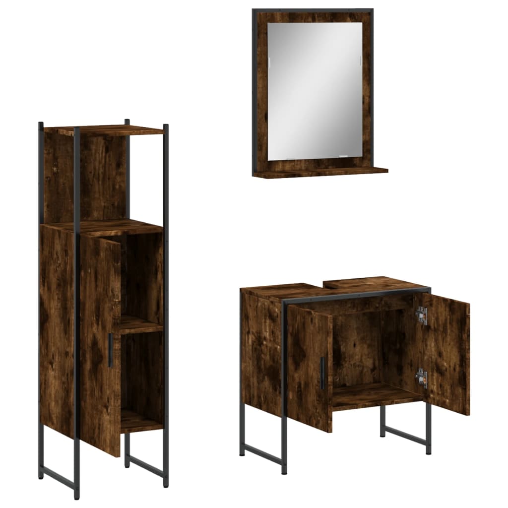 Set Mobili da Bagno 3 pz Rovere Fumo in Legno Multistrato | homemem39