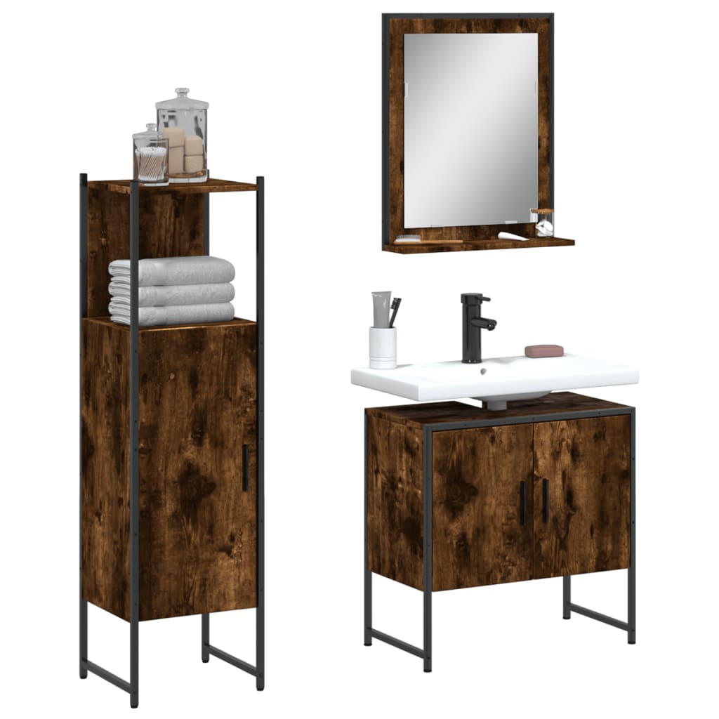 Set Mobili da Bagno 3 pz Rovere Fumo in Legno Multistrato | homemem39