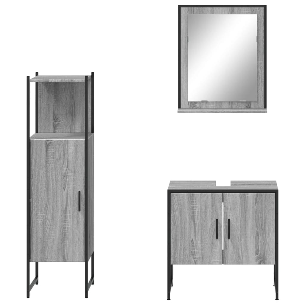 Set Mobili da Bagno 3 pz Grigio Sonoma in Legno Multistrato