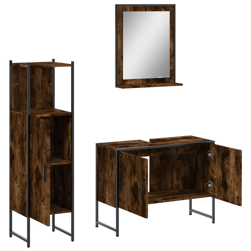 Set Mobili da Bagno 3 pz Rovere Fumo in Legno Multistrato | homemem39