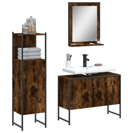 Set Mobili da Bagno 3 pz Rovere Fumo in Legno Multistrato | homemem39