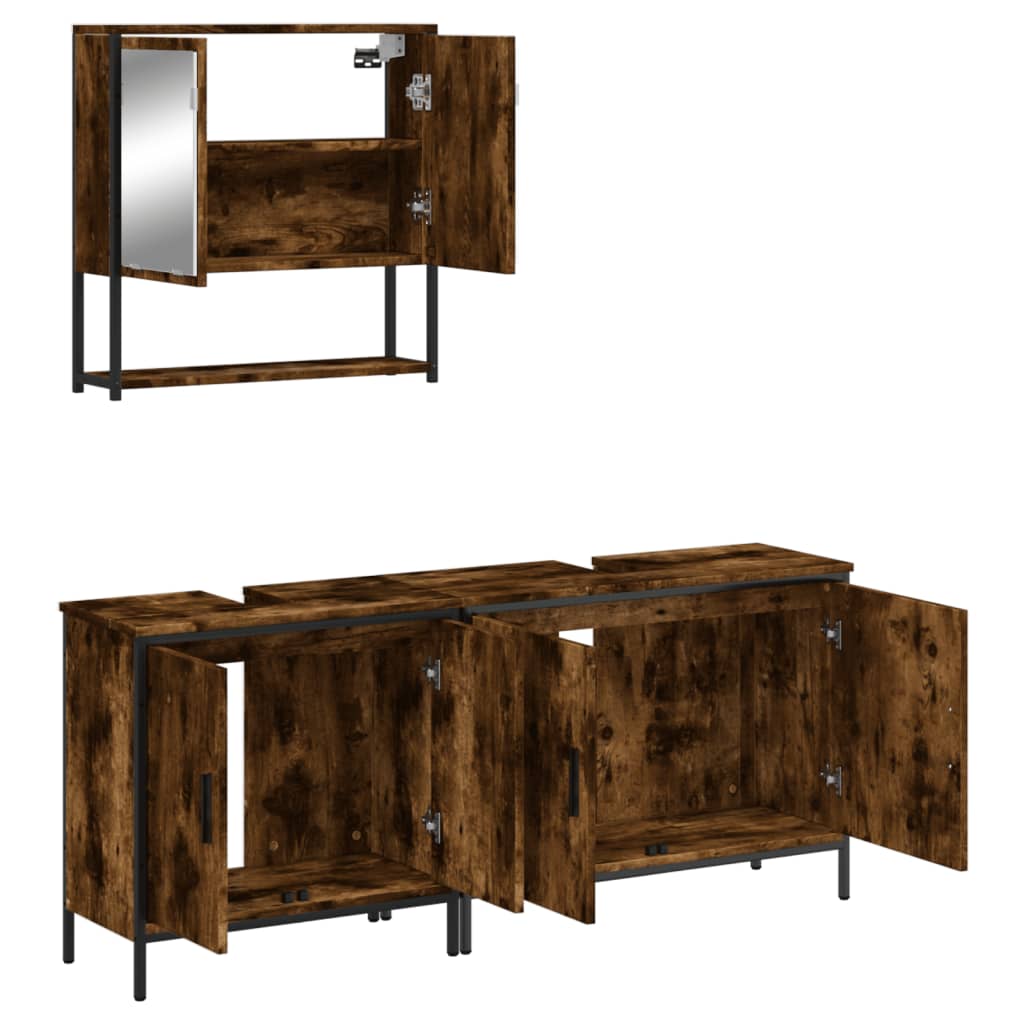 Set Mobili da Bagno 3 pz Rovere Fumo in Legno Multistrato