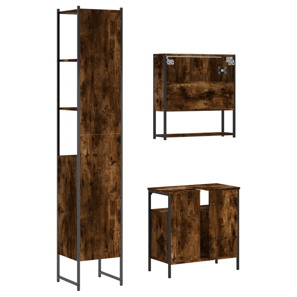Set Mobili da Bagno 3 pz Rovere Fumo in Legno Multistrato | homemem39