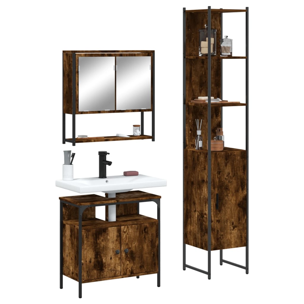 Set Mobili da Bagno 3 pz Rovere Fumo in Legno Multistrato | homemem39