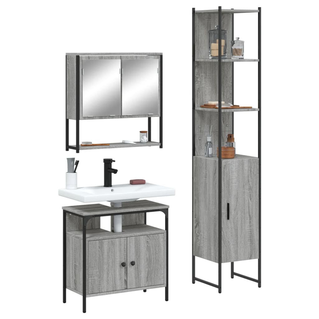 Set Mobili da Bagno 3 pz Grigio Sonoma in Legno Multistrato | homemem39