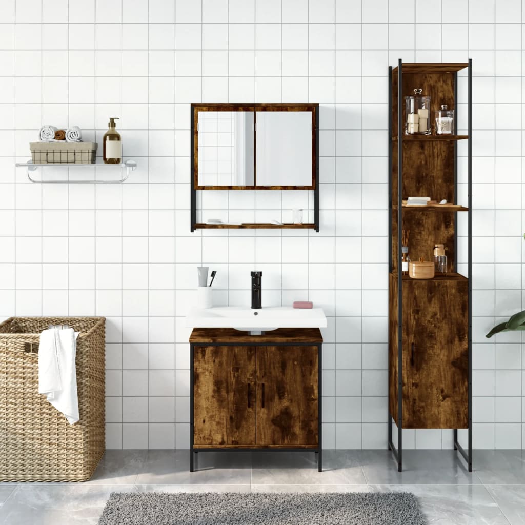 Set Mobili da Bagno 3 pz Rovere Fumo in Legno Multistrato | homemem39