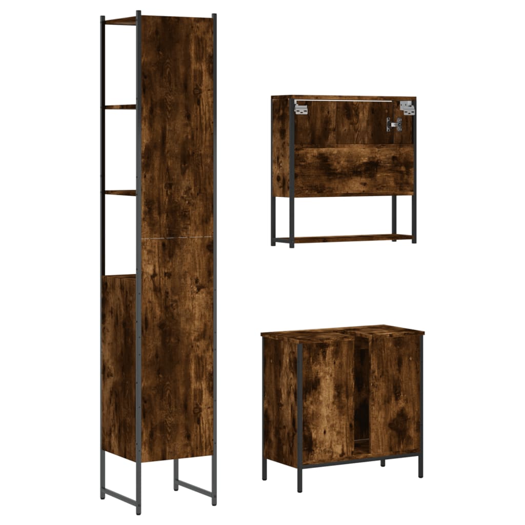 Set Mobili da Bagno 3 pz Rovere Fumo in Legno Multistrato | homemem39