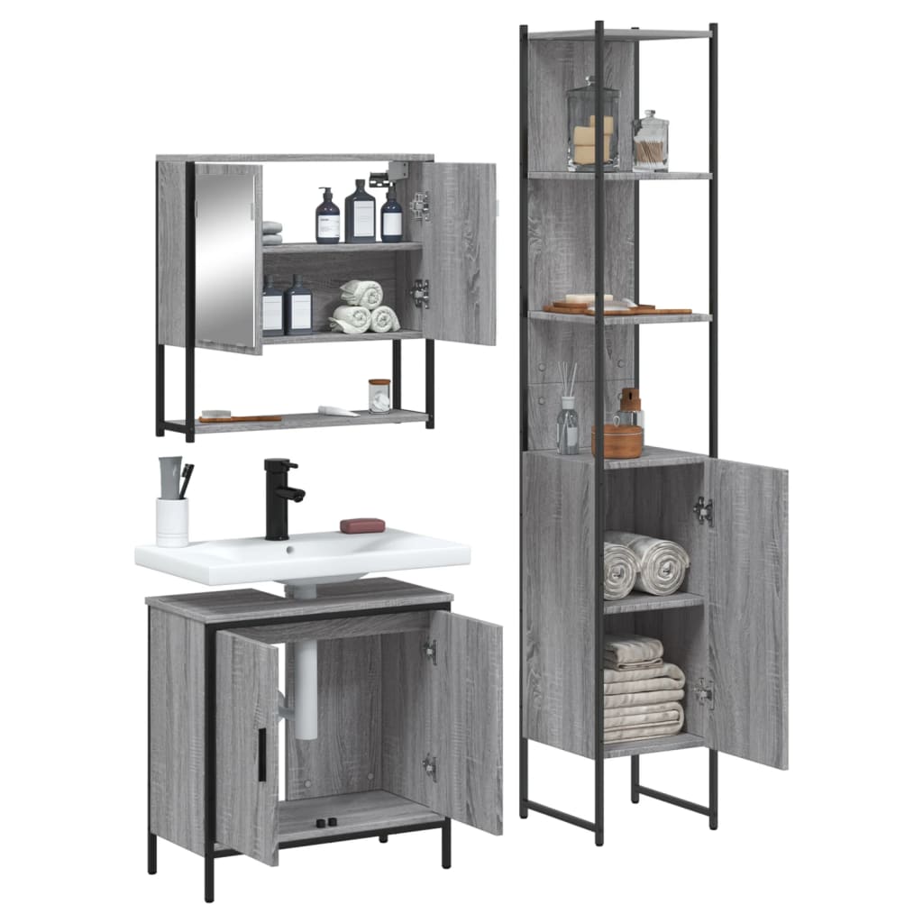 Set Mobili da Bagno 3 pz Grigio Sonoma in Legno Multistrato