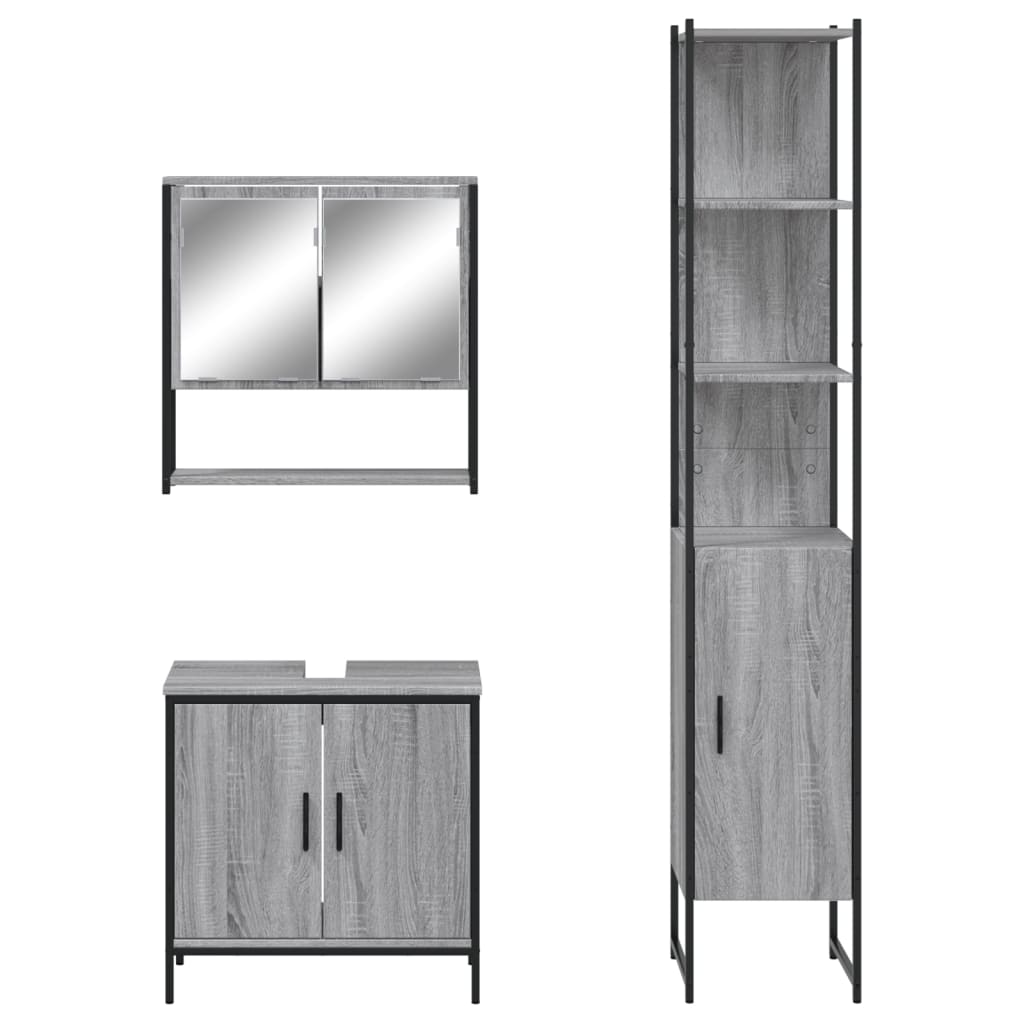 Set Mobili da Bagno 3 pz Grigio Sonoma in Legno Multistrato