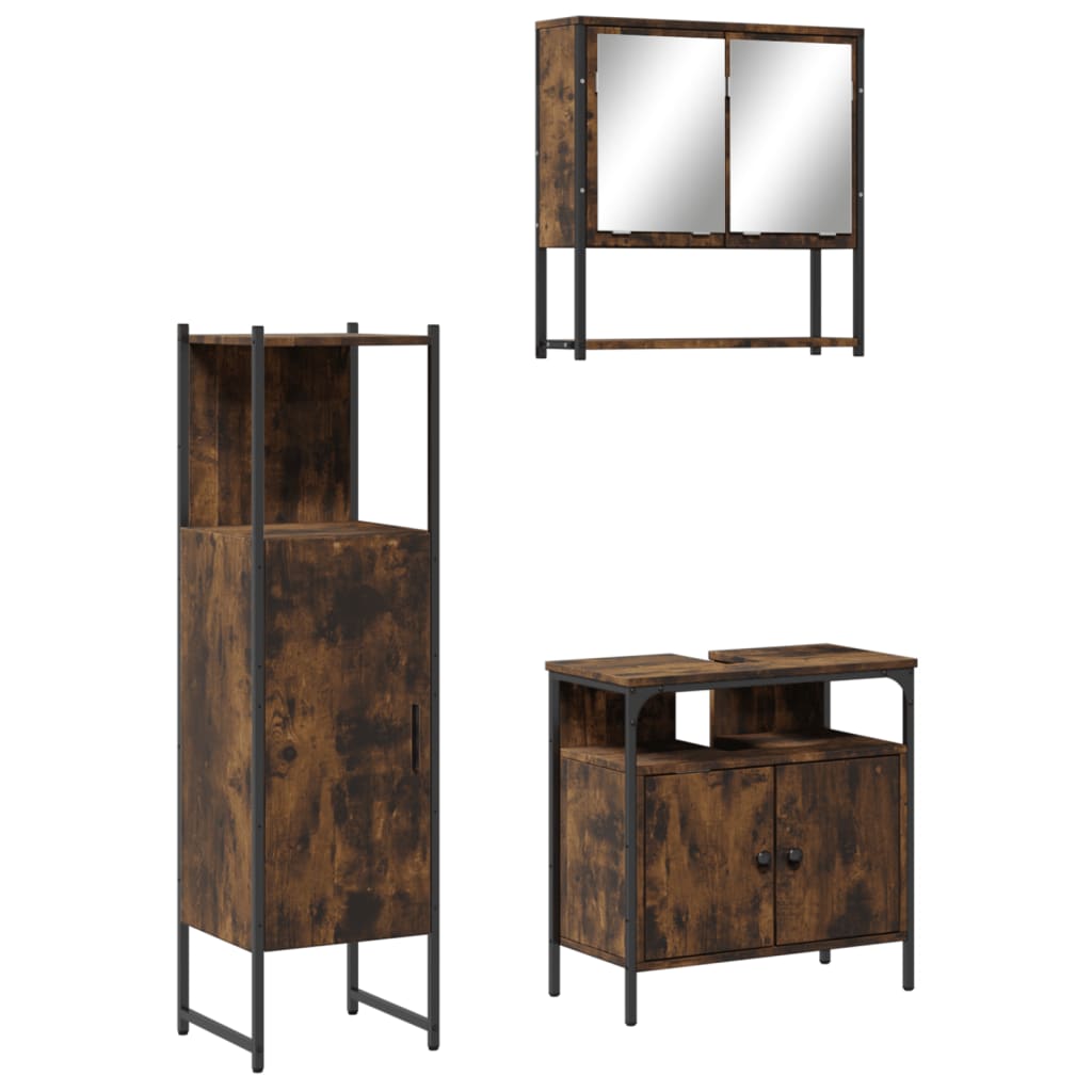 Set Mobili da Bagno 3 pz Rovere Fumo in Legno Multistrato | homemem39