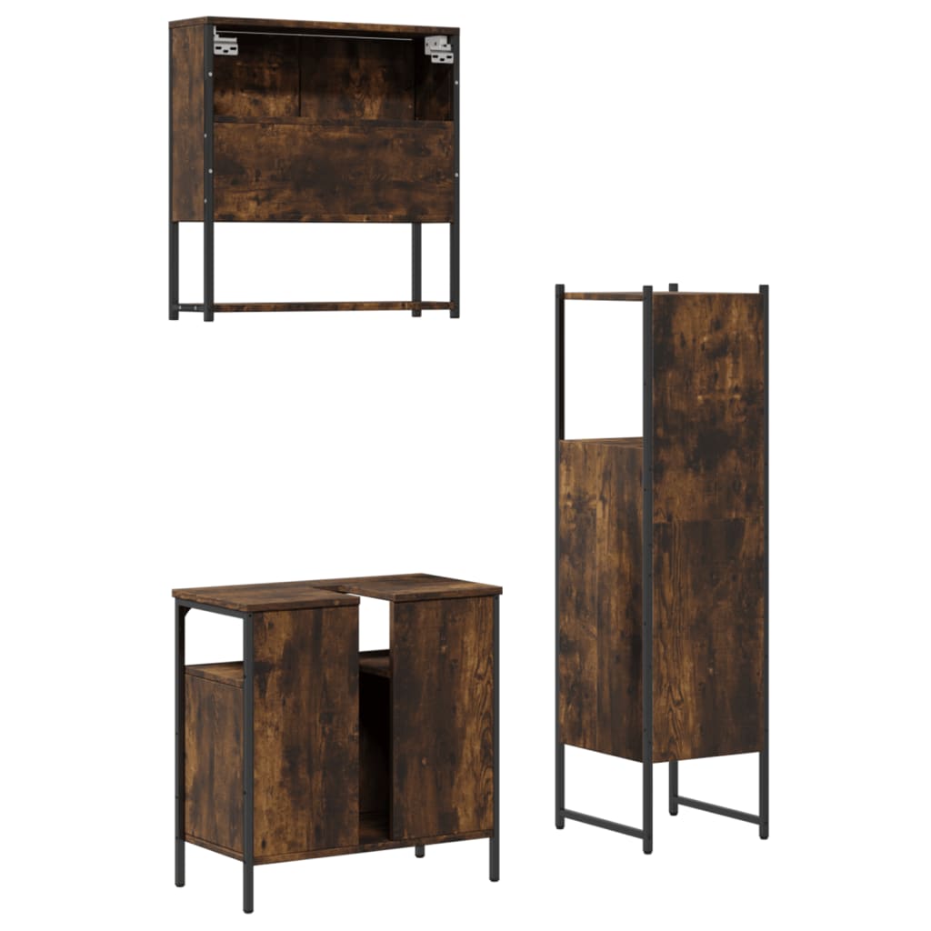 Set Mobili da Bagno 3 pz Rovere Fumo in Legno Multistrato