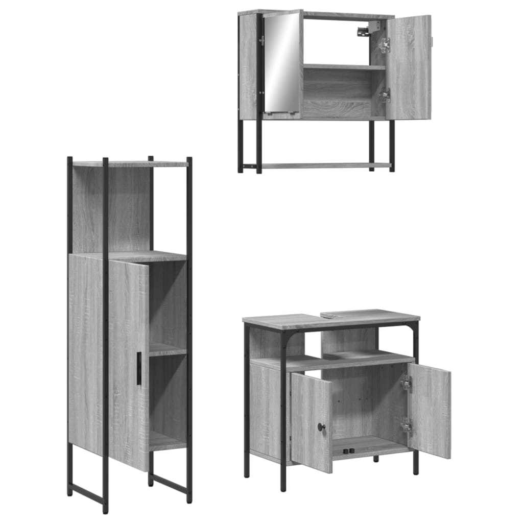Set Mobili da Bagno 3 pz Grigio Sonoma in Legno Multistrato | homemem39