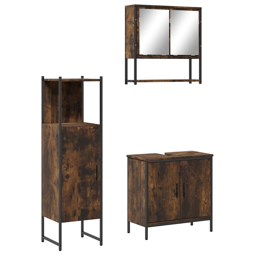 Set Mobili da Bagno 3 pz Rovere Fumo in Legno Multistrato | homemem39