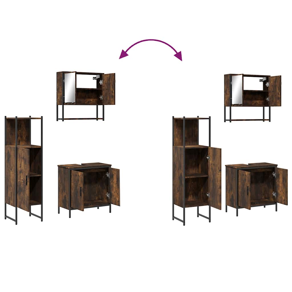 Set Mobili da Bagno 3 pz Rovere Fumo in Legno Multistrato
