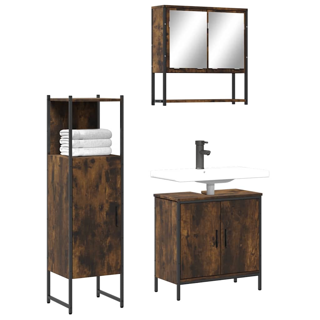 Set Mobili da Bagno 3 pz Rovere Fumo in Legno Multistrato | homemem39