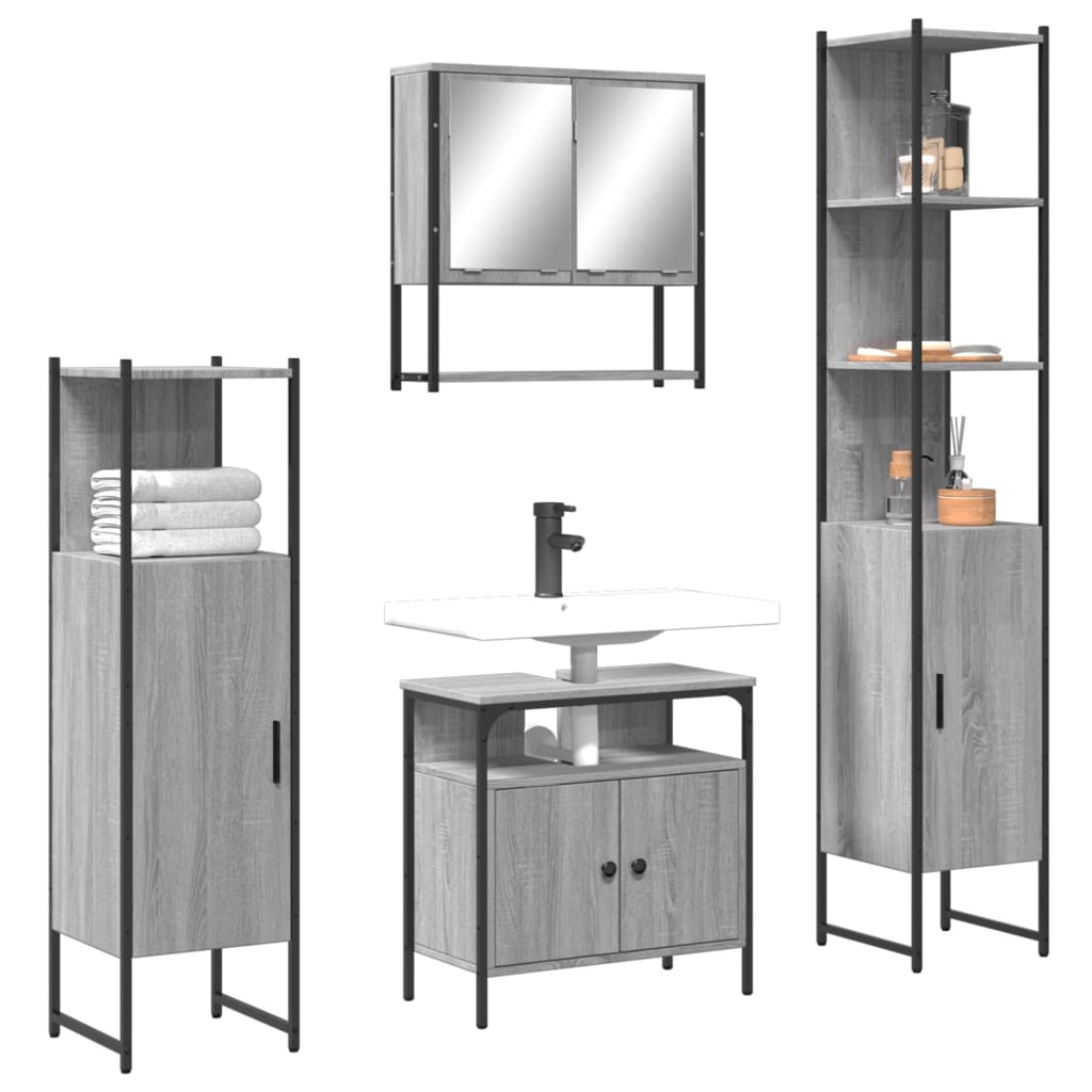 Set Mobili da Bagno 4 pz Grigio Sonoma in Legno Multistrato | homemem39