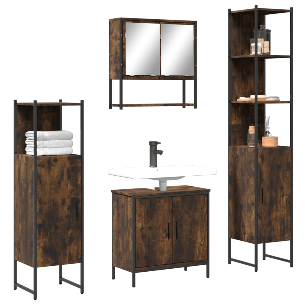 Set Mobili da Bagno 4 pz Rovere Fumo in Legno Multistrato | homemem39