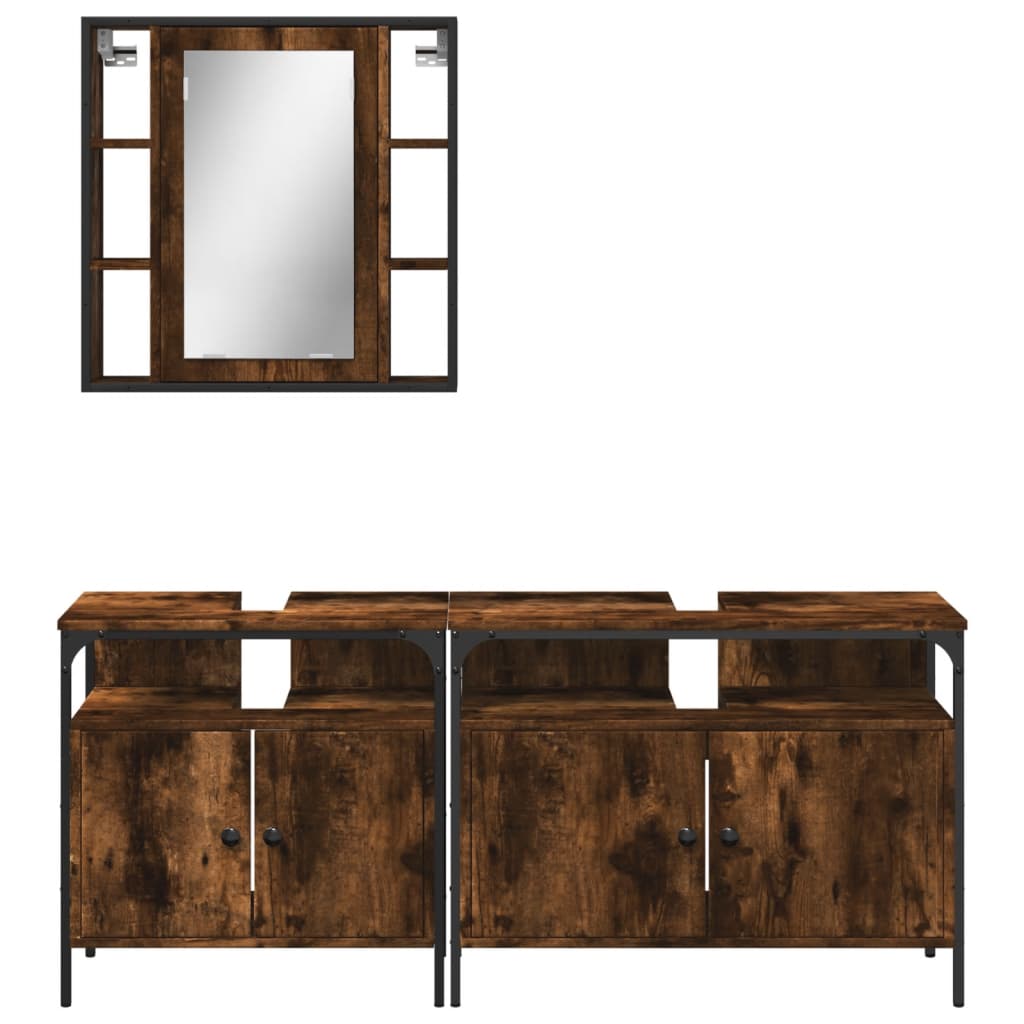 Set Mobili da Bagno 3 pz Rovere Fumo in Legno Multistrato