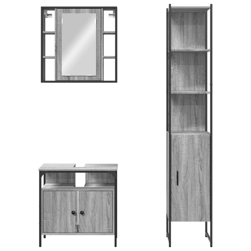 Set Mobili da Bagno 3 pz Grigio Sonoma in Legno Multistrato | homemem39