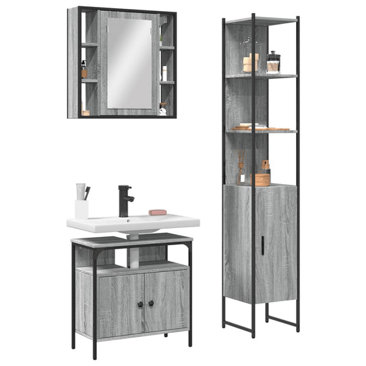 Set Mobili da Bagno 3 pz Grigio Sonoma in Legno Multistrato | homemem39