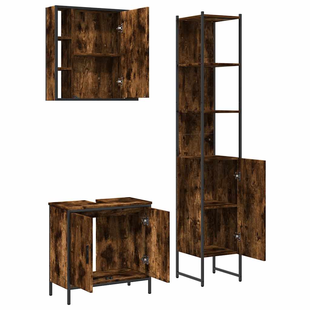 Set Mobili da Bagno 3 pz Rovere Fumo in Legno Multistrato | homemem39