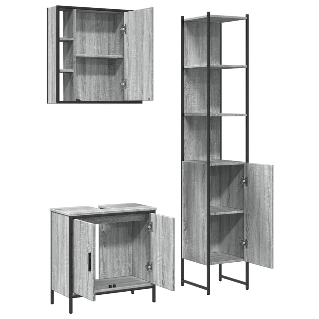 Set Mobili da Bagno 3 pz Grigio Sonoma in Legno Multistrato | homemem39