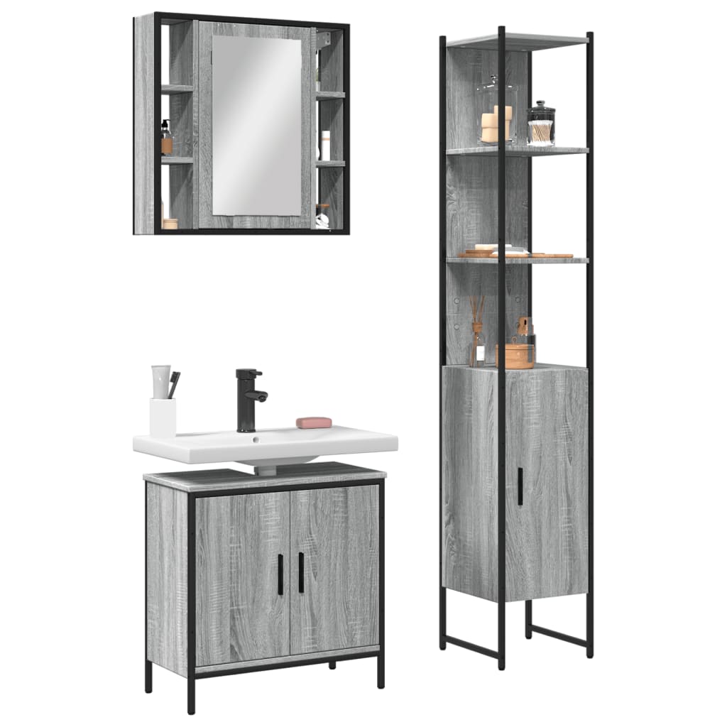 Set Mobili da Bagno 3 pz Grigio Sonoma in Legno Multistrato | homemem39