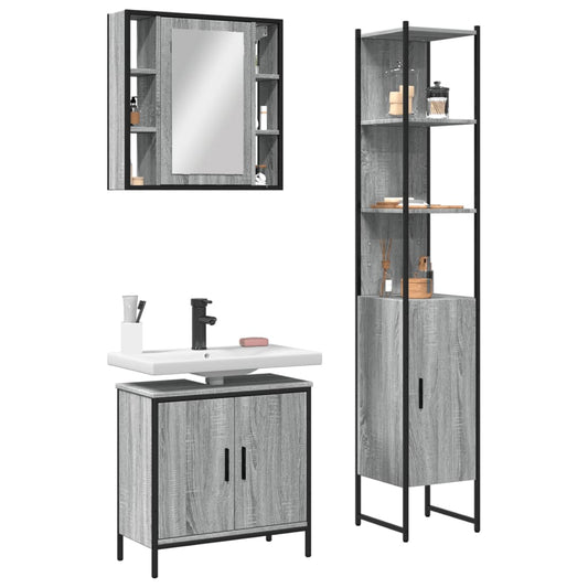 Set Mobili da Bagno 3 pz Grigio Sonoma in Legno Multistrato | homemem39